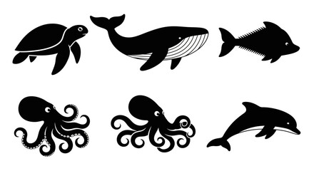 Obraz premium Black silhouettes of various sea animals: turtle, whale, fish, octopus, and dolphin icons