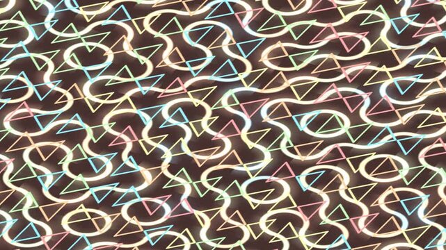 Abstract pattern of glowing neon-like lines forming interconnected triangles and wavy shapes on a dark background, with a retro aesthetic.