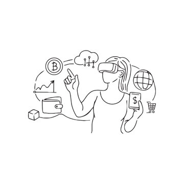 VR user interacting with crypto wallet and bank in digital world
