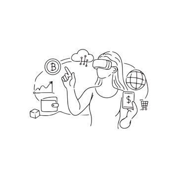 VR user interacting with crypto wallet and bank in digital world
