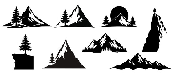 Mountain peaks and pine tree landscape silhouette vector set for outdoor adventure design