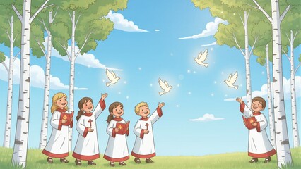 Naklejka premium Group of children in white robes with red books looking up at flying doves. Pentecost Holy Spirit concept illustration for religious education.