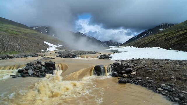 Muddy glacial meltwater rushing through a mountain valley with snow patches and rocks under storm clouds, powerful spring runoff landscape for travel, environment, climate, and outdoor adventure theme