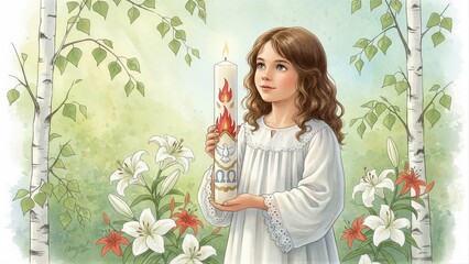 Naklejka premium Girl holding a white Paschal candle featuring the symbols of the Holy Spirit. Christian ceremony concept. Pentecost holiday.
