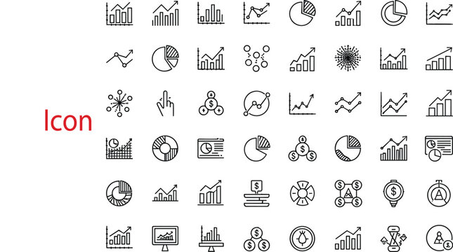 Minimalist monochrome data visualization icons, business intelligence symbols, analytics charts, graphs, diagrams, scatter plots, pie charts, bar charts, line graphs