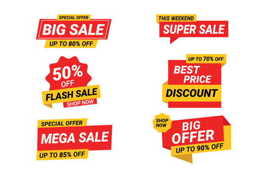 Sale tags collection. Big sale, super sale, flash sale, mega sale banner set. Shop or online shopping sticker, badge, coupon and store. Vector illustration isolated on white background