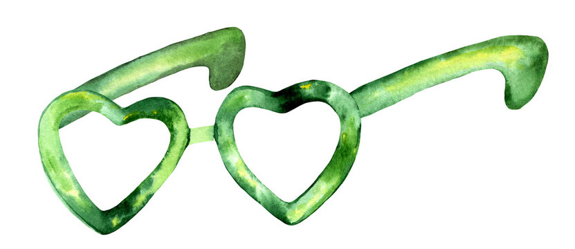 Heart shaped green glasses watercolor illustration, St. Patrick's Day party, 300 dpi PNG, clipart, isolated object, transparent background