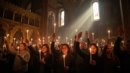 Naklejka premium People stand in church holding lit candles. Crowd of worshipers celebrate Pentecost, Holy Spirit with light. Religious ceremony prayer service.