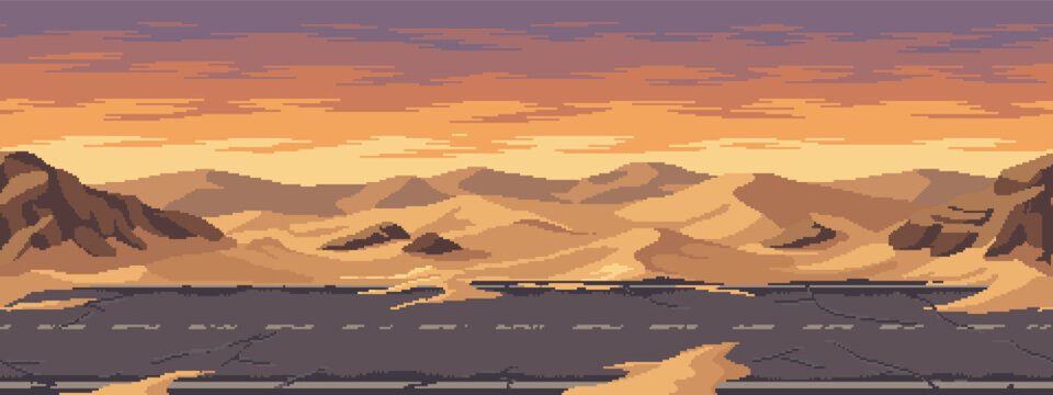 Pixel art seamless multilayered parallax background of a desert sunset and cracked road.