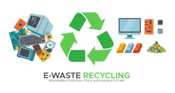 Vector concept of e-waste recycling. Process of turning broken electronics into raw materials and metal bars. Flat design graphic illustration for ecology web banner or infographic.