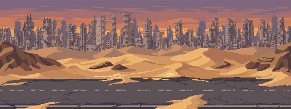 Seamless pixel art background of post-apocalyptic desert city ruins and a cracked road. Multi-layered looping parallax scrolling layers for 2D side-scrolling games.