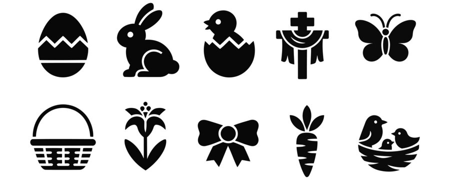 Easter Holiday Icon Set Featuring Cute Bunny, Decorated Eggs, Christian Cross, and Spring Symbols