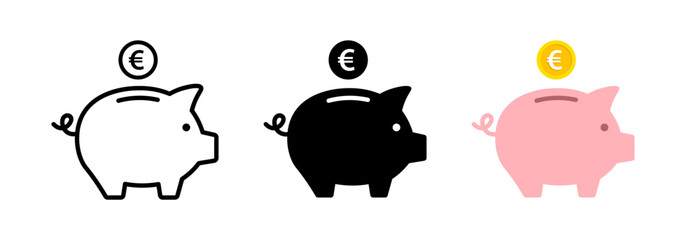 Obraz premium Piggy bank with Euro coin icon set