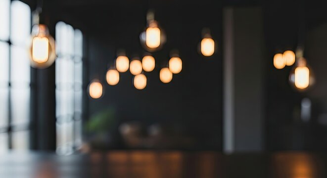 Blurred interior with hanging light bulbs.