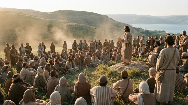 Jesus Christ teaching a multitude of men and women listeners during the Sermon on the Mount from the Gospel of Matthew. Religious event.