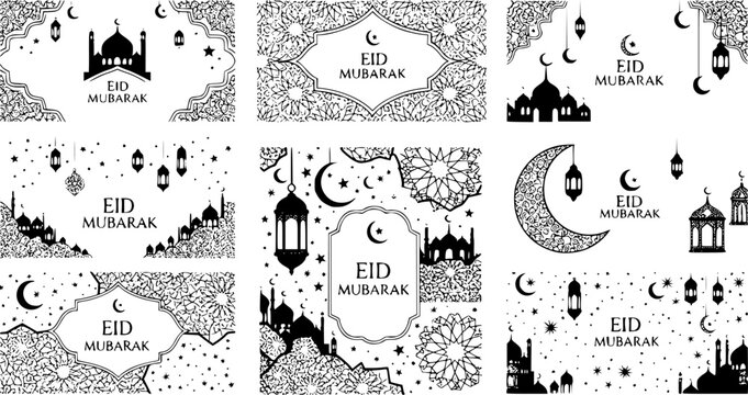 Eid Mubarak Islamic Greeting Card Set with Mosque Crescent and Lantern Vector
