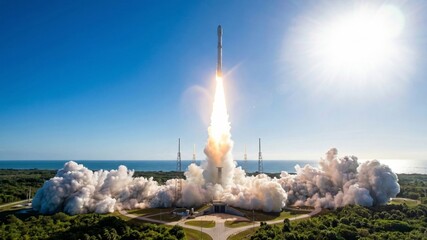 Rocket launching into clear blue sky with bright sunlight and smoke © yendisupiandi