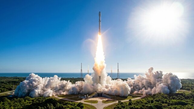 Rocket launching into clear blue sky with bright sunlight and smoke