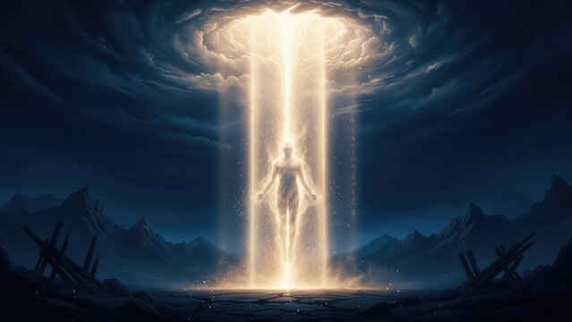 Human being emerging from light rays under a cloudy sky. Divine creation story for religious education content or spiritual inspiration.