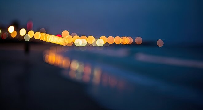 Blurry nighttime city lights by ocean.