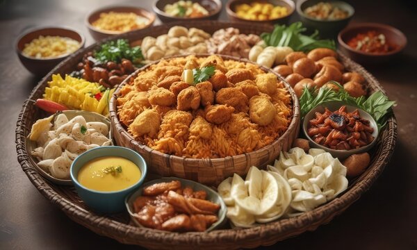 Steaming basket of Nasi Ulekan with various side dishes, , nasi ulakan, grilled fish