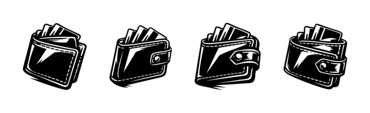 Set of vector illustrations of wallet icons in black and white silhouette style