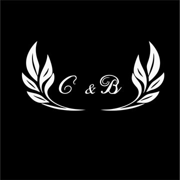 Monogram pernikahan yang canggih dengan ornamen karangan bunga laurel simetris, desain logo elegan premium, gaya vektor minimalis, putih di atas latar belakang hitam