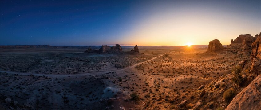Desert landscape transforming from night to day with rising sun, concept of creation myth and let there be light for religious theme. Banner with copy space