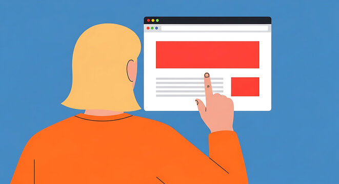 A person interacting with a digital interface on a screen, pointing at content on a website or application, set against a blue background from a rear viewpoint