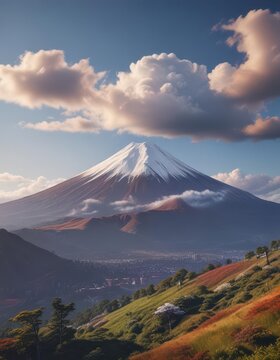 Towering Mount Fuji with snow-capped peak surrounded by rolling hills and clouds,  Nature,  Peak, Mount Fuji