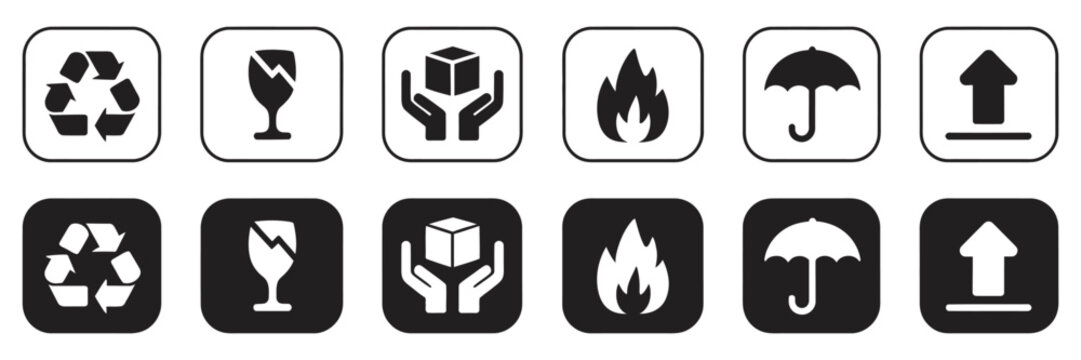 Packaging Handling Symbols Set, collection of fragile flammable recycle keep dry this side up handle with care signs, warehouse labeling vector