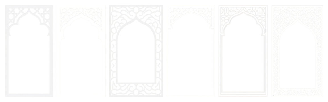 PNG Set of six ornate arch window frames with intricate designs on transparent background