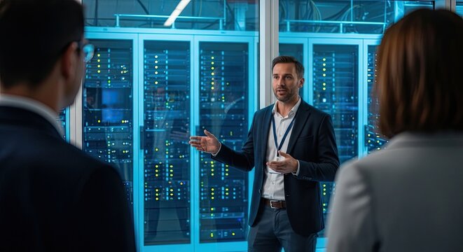 IT Professional Explaining Server Rack Operations to Colleagues in Data Center.