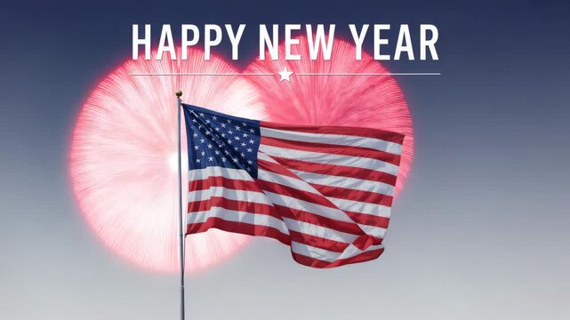 Happy New Year celebration with American flag and fireworks