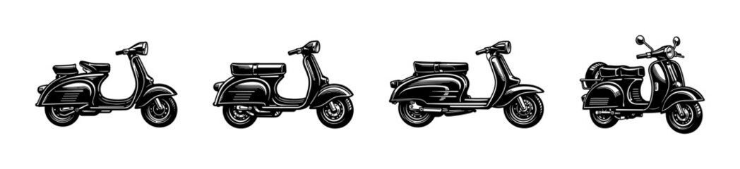 Obraz premium Vintage scooter illustration set in black and white vector style