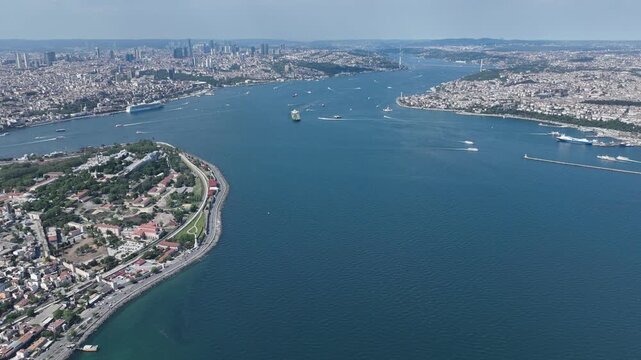 Time-lapse footage of Istanbul, Hagia Sophia, the Bosphorus bridges and harbor, and an aerial shot of a bridge shrouded in fog.