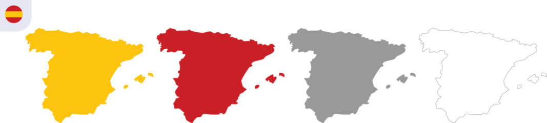 Spain Map Vector Illustration 4 Variation Set with Yellow, Red, Gray and Outline Country Silhouette Shapes Isolated on Transparent Background, Hand Made Geography Design, AI EPS10 JPG PNG.