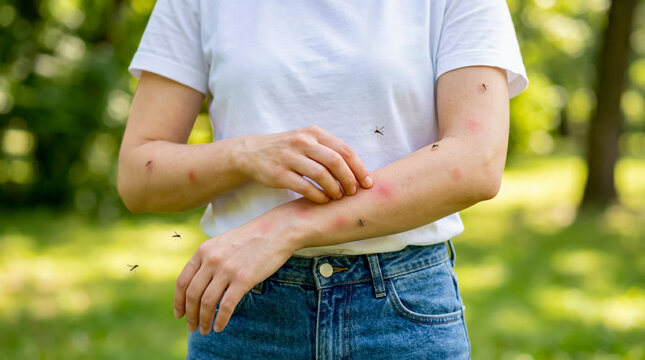 Cropped view of female in white t-shirt scratching itchy mosquito bites on arms outdoors. Person suffering from insect stings with red skin inflammation and swelling in summer park.