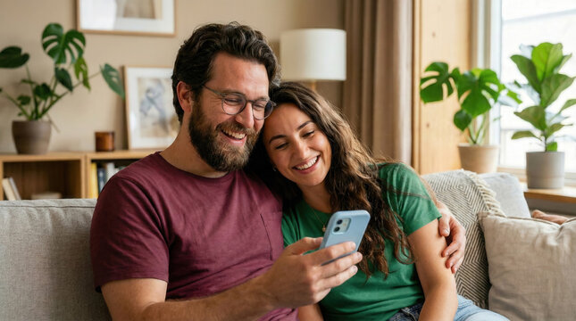 Cheerful caucasian couple sitting on sofa and watching funny video on smartphone. Happy man and woman laughing while enjoying digital content in cozy living room at home. Weekend leisure.