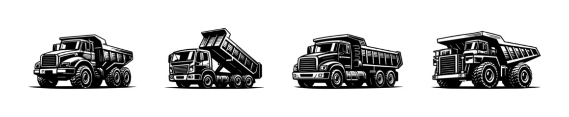 Fototapeta premium Vector black and white illustration of dump trucks silhouette set