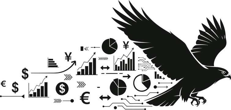 A black silhouette of an eagle soaring over financial and statistical graphs and symbols