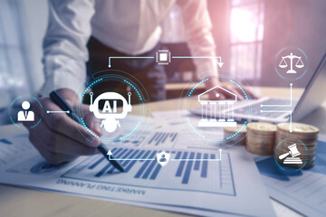 Business Professional Engaging with Data Analysis and Artificial Intelligence Concepts in an Office...