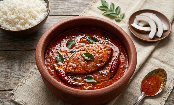 Spicy authentic South Indian Kerala style red fish curry cooking in a traditional earthen clay pot.
