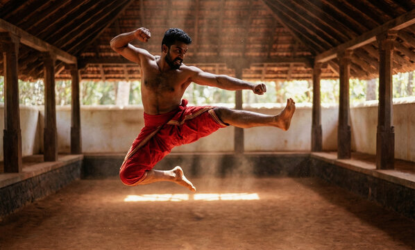 Dynamic action shot of an Indian martial artist performing a high flying kick in traditional Kalaripayattu training.