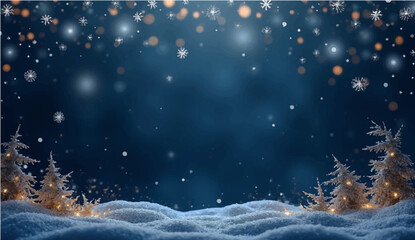 A festive winter night landscape featuring a decorated Christmas tree under a blue sky with falling snowflakes and stars for a holiday celebration greeting card illustration © SAHAD