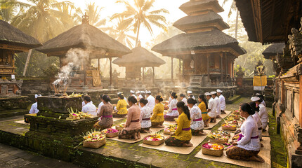 Spiritual ceremony at a Balinese temple captured in cinematic light, with delicate incense smoke, vibrant flower offerings, traditional garments, & warm sunlight enhancing the peaceful ritual setting