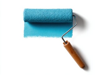Obraz premium Blue paint roller with wooden handle leaving a blue paint stroke on white background for wall painting