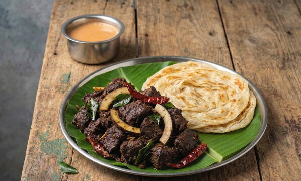 Authentic Kerala Spicy Beef Fry with Malabar Parotta on a Banana Leaf