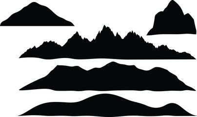 Mountain and hill silhouettes vector, terrain landscape illustration, natural landform design icons, outdoor environment art, geology concept graphic