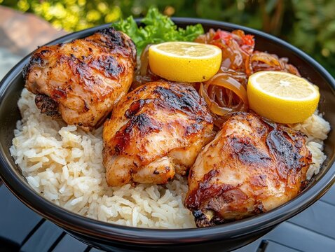 Grilled chicken thighs served on a bed of rice with lemon slices and sauteed onions, garnished with fresh lettuce in a black bowl on a wooden surface